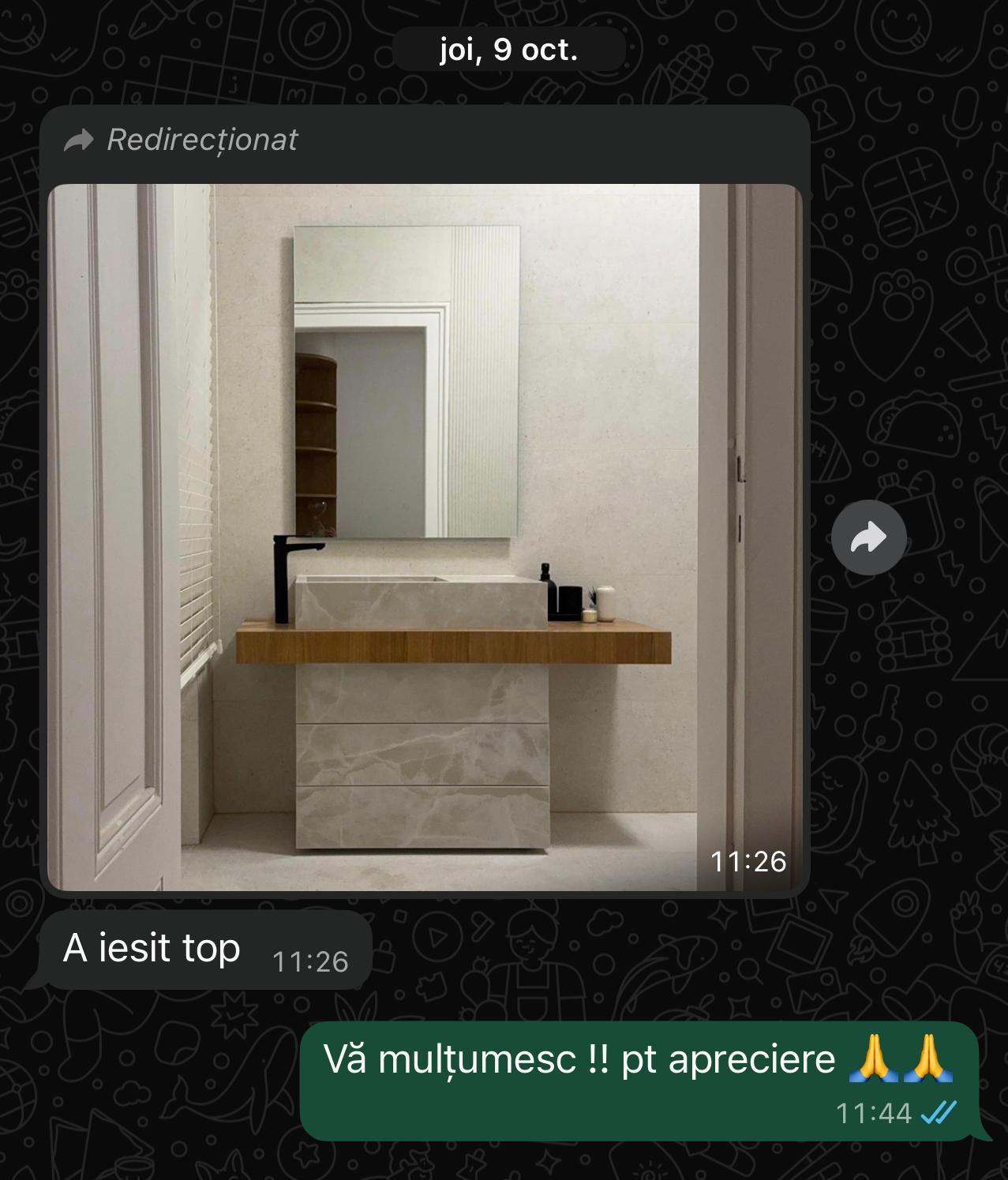 Baie finalizată cu lavoar din marmură efect onyx și blat din lemn – lucrare realizată de Eugen Arginta